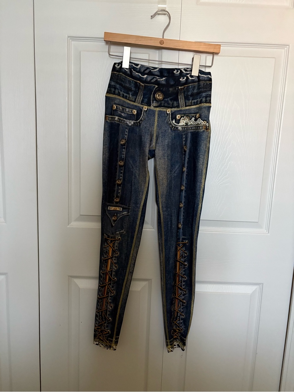 Women's Dark Blue Skinny Jeans with Lace-Up Trim
